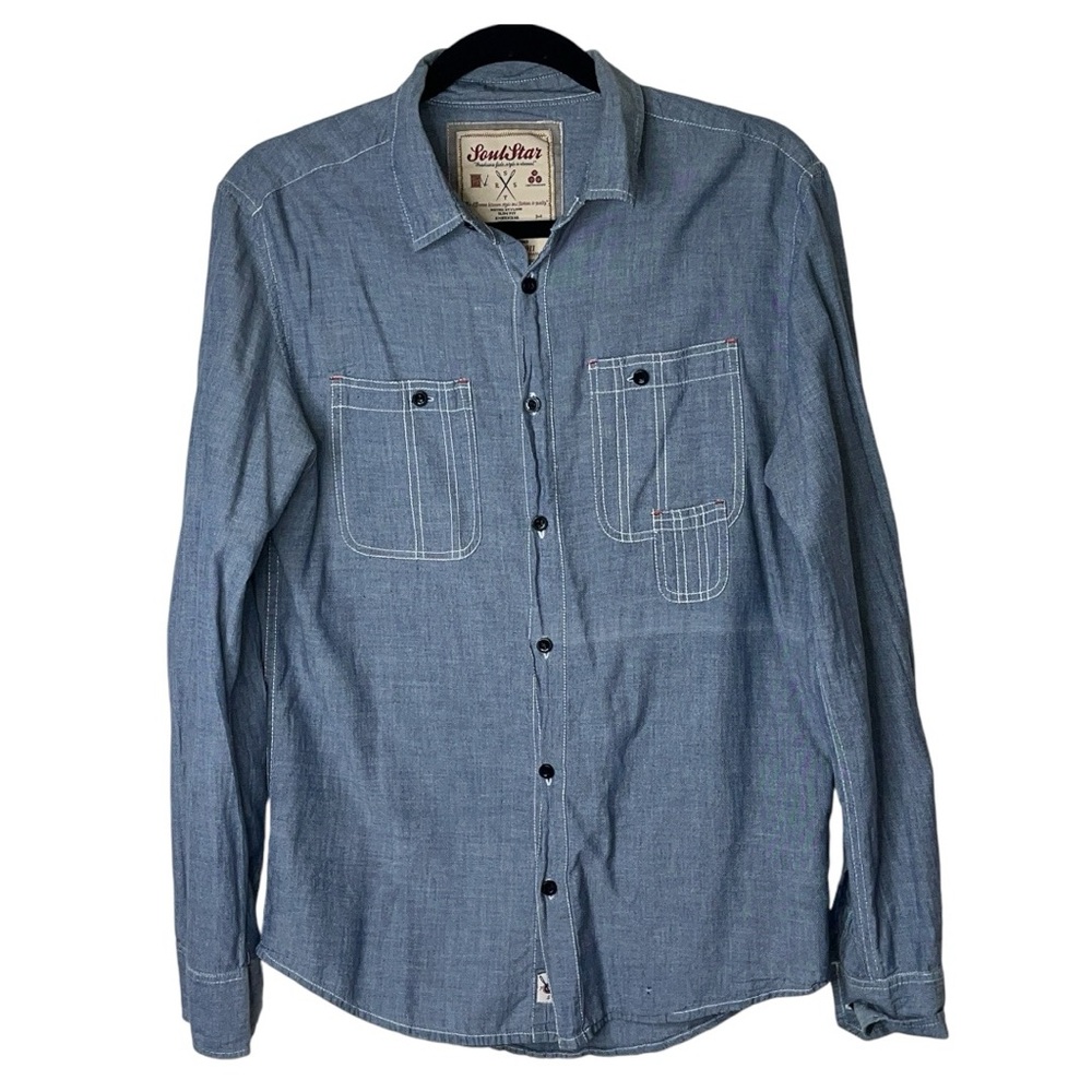 Soul Star MS FIELD White Stitch Long Sleeve Denim Chambray Button Down Shirt M
